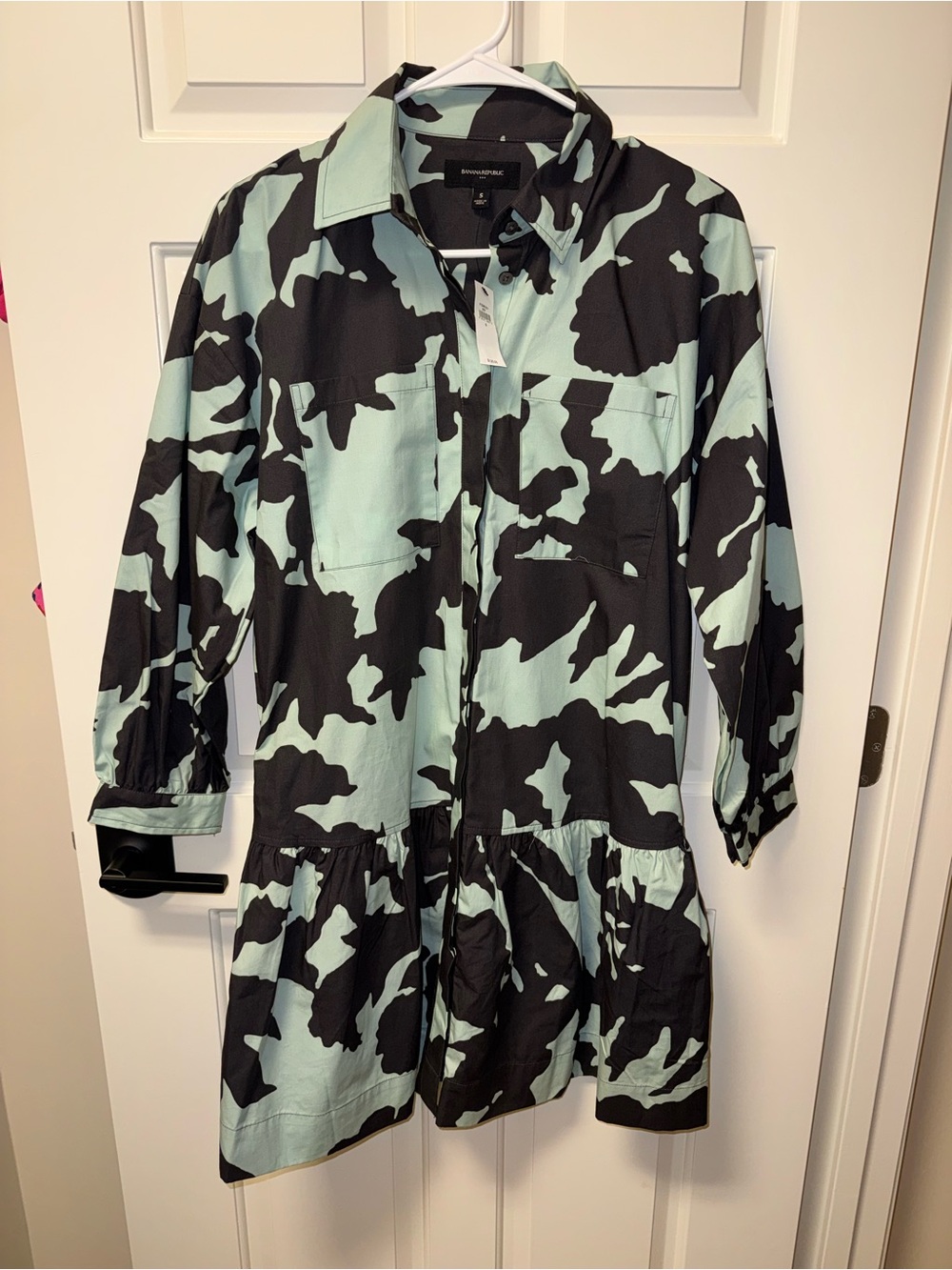 Banana Republic Black and Mint Green Patterned Shirt Dress